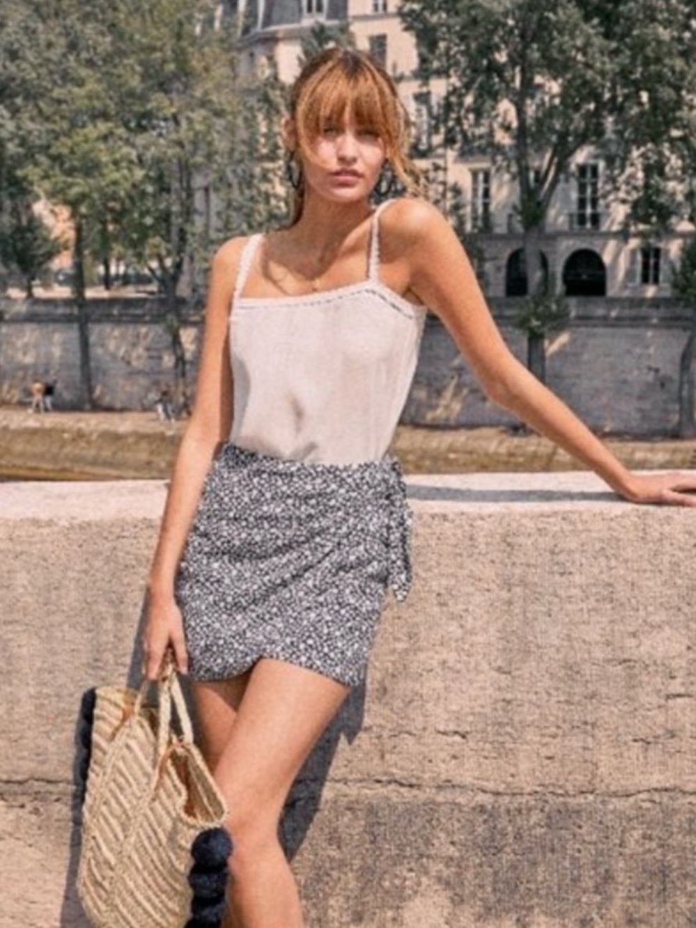 Sezane Pacome Navy and White Floral Mini Wrap Skirt